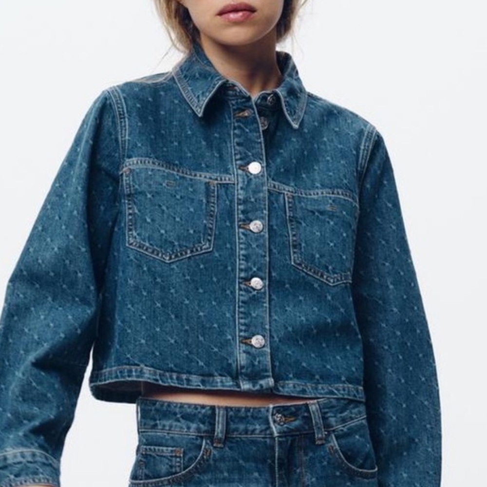 Zara Dark Blue Cropped Denim Jean Jacket